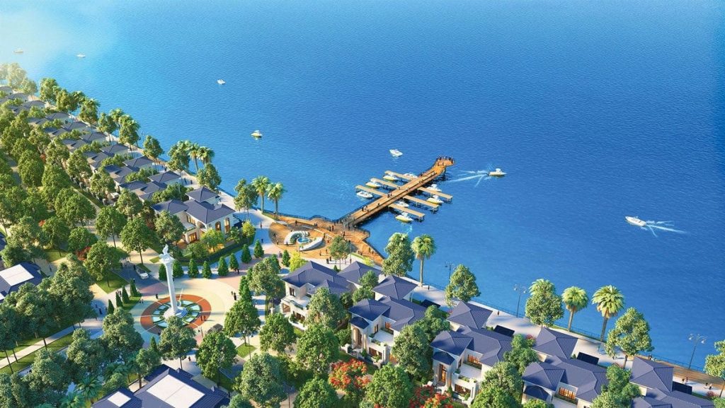 Vinhomes Cần Giờ 16 Hình ảnh công viên ven biển tại Vinhomes Cần Giờ với hàng cây xanh, lối đi bộ và bãi cỏ rộng, hướng ra biển Đông.